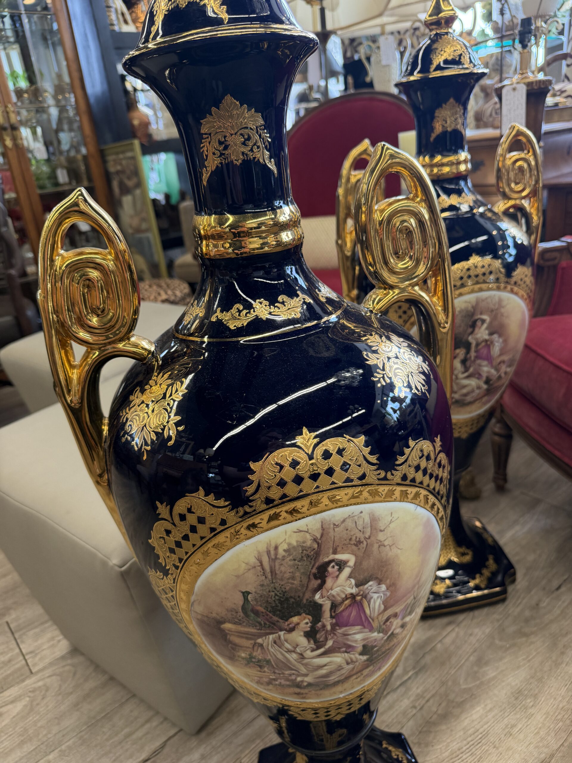 Pair of French Sèvres-Style Cobalt Blue Palace Urns